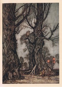 Portatori di lanterne davanti che trasportano ciliegie invernali da Arthur Rackham